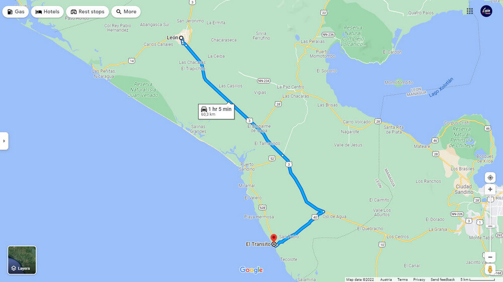 Mapa de cómo llegar a la Playa El Tránsito desde León, Nicaragua