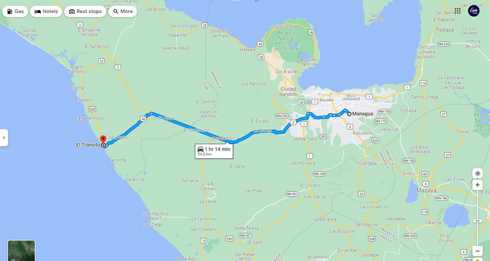 Mapa de cómo llegar a la Playa El Tránsito desde Managua, Nicaragua