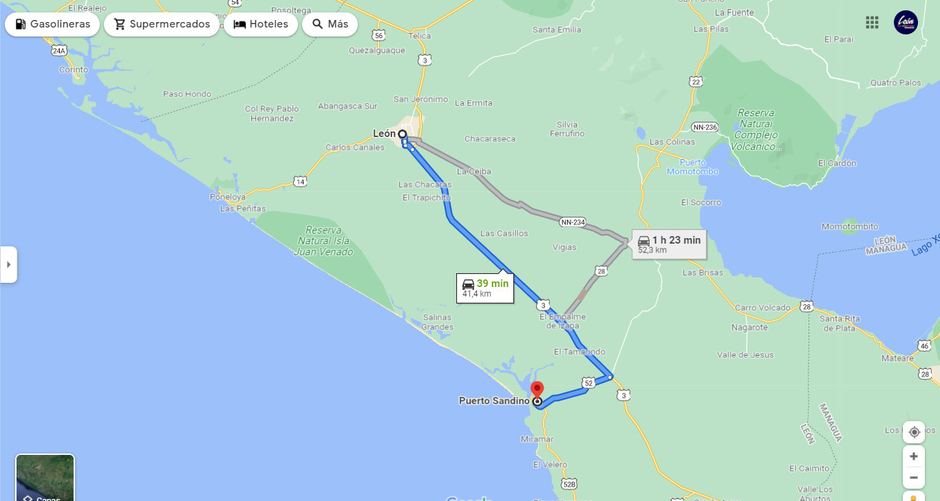 Mapa de cómo llegar de León a la playa Puerto Sandino