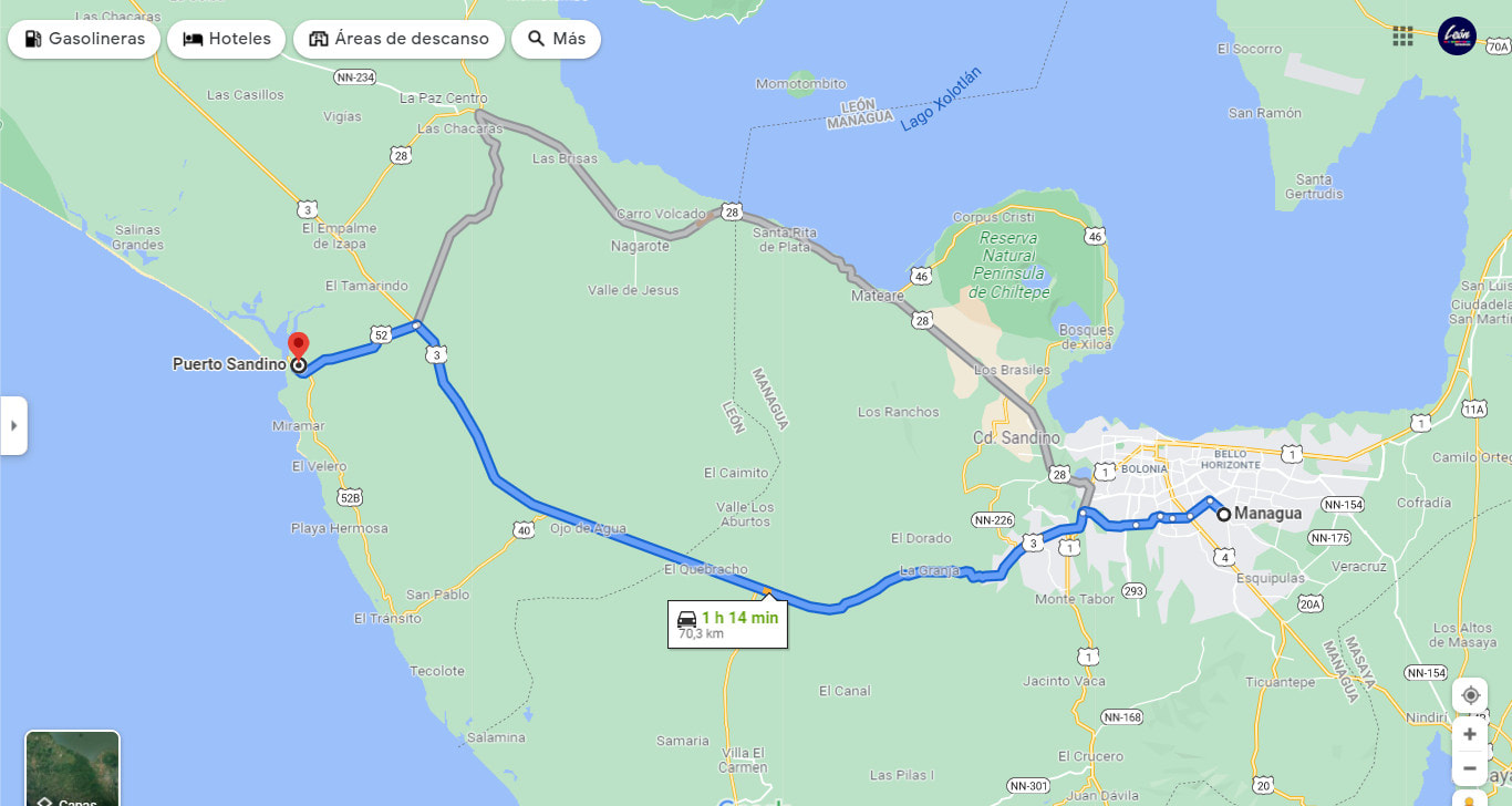 Mapa de cómo llegar de Managua a la playa Puerto Sandino
